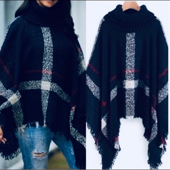 Navy knit turtleneck nubby weave plaid poncho NEW - Picture 4 of 6
